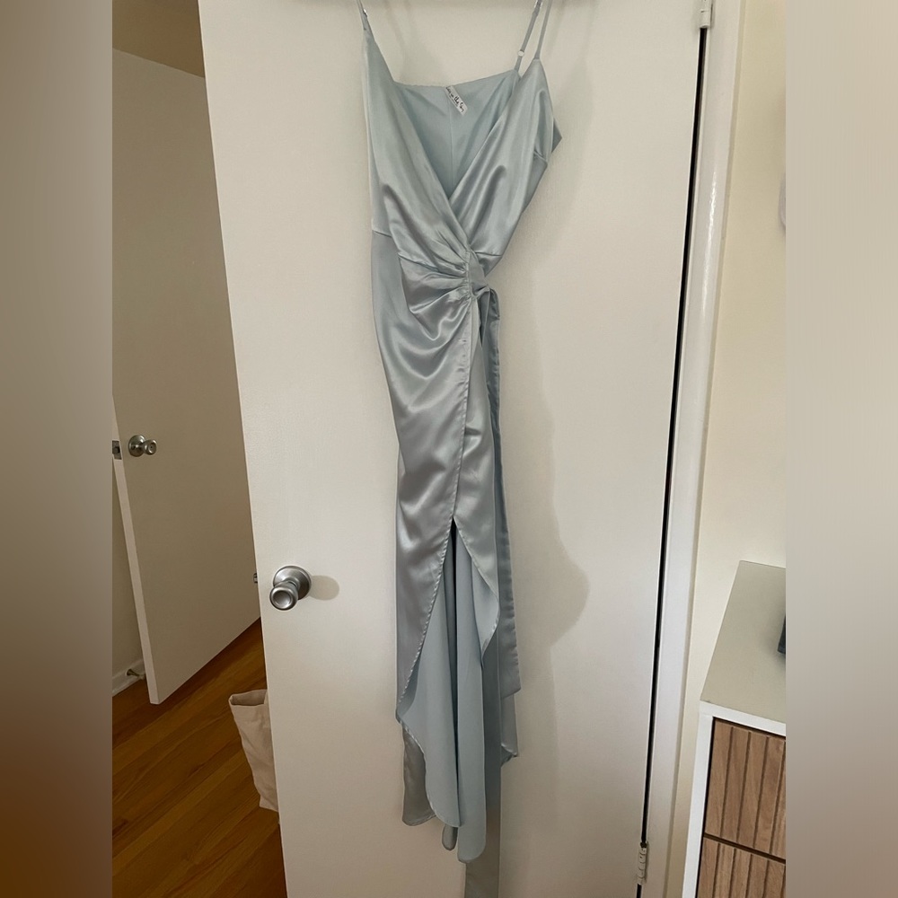 Pale Cinderella Blue Satin High Low Maxi Wrap Gown V-Neck Dress Elegant